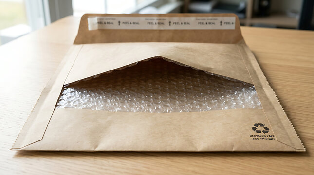 Minimalist bubble mail packaging mockup on wooden surface for product design showcase