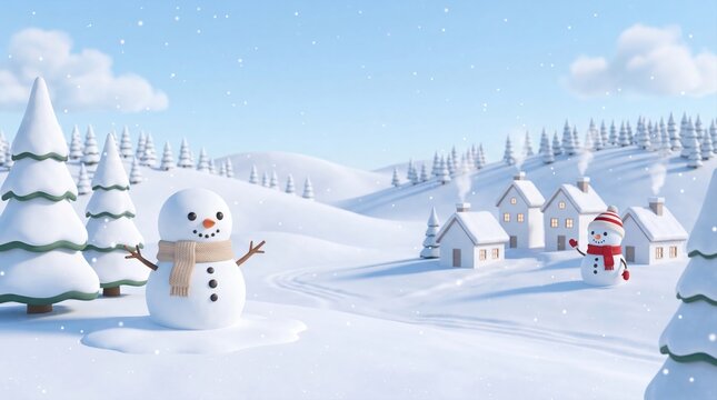 Snowmen standing in a snowy winter village landscape with pine trees under a clear blue sky