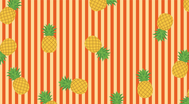 Seamless pattern background with tropical pineapples on orange and cream stripes