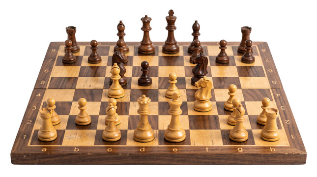 Classic wooden chess set on checkered board. Professional tournament chessboard with carved pieces. Strategic game for competition and logic. isolated PNG with Transparent Background