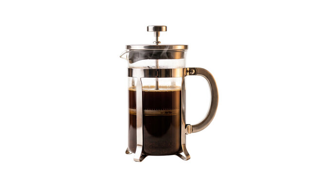 Classic french press coffee maker with dark brew, stainless steel and glass cafetiere, elegant morning coffee preparation isolated PNG with Transparent Background