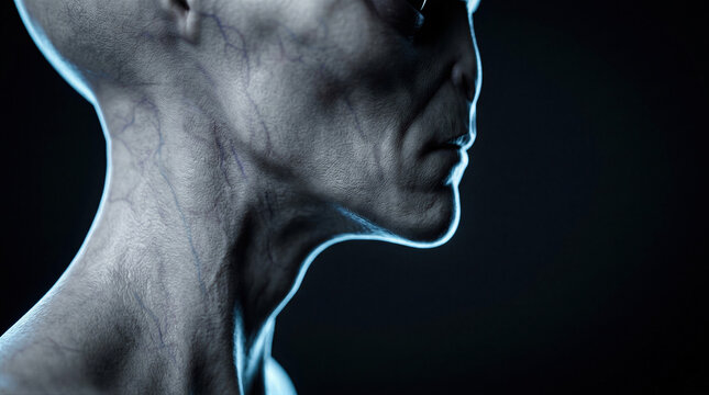 An extraterrestrial being with textured gray skin gazes into the distance. The cinematic profile features veins and deep shadows against a dark background. Sci-fi mystery.