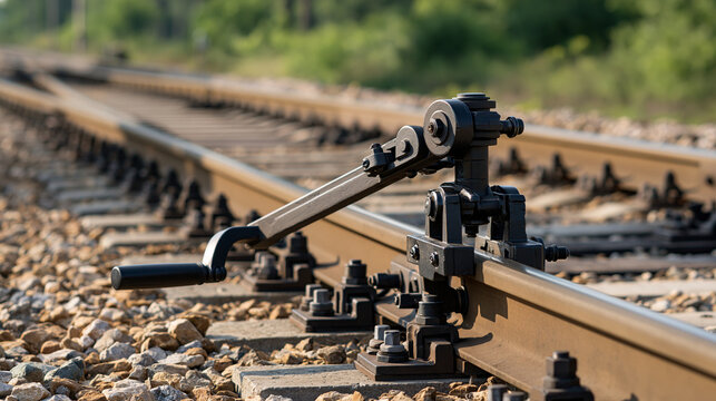 Manual railway track switcher positioned beside clean rails in bright daylight, close-up showing the long lever arm, pivot and locking linkage, railway switch, track lever, rail