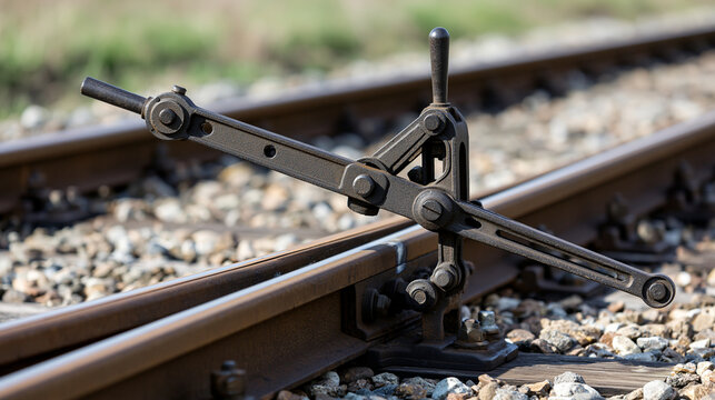 Manual railway track switcher positioned beside clean rails in bright daylight, close-up showing the long lever arm, pivot and locking linkage, railway switch, track lever, rail