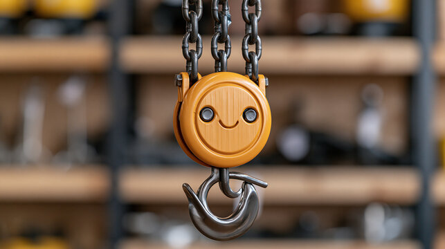 Manual chain hoist with metal hook, chain and lever mechanism displayed in a bright clean hardware setting, detailed close-up of lifting equipment, chain hoist, lifting hook, lever