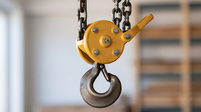 Manual chain hoist with metal hook, chain and lever mechanism displayed in a bright clean hardware setting, detailed close-up of lifting equipment, chain hoist, lifting hook, lever
