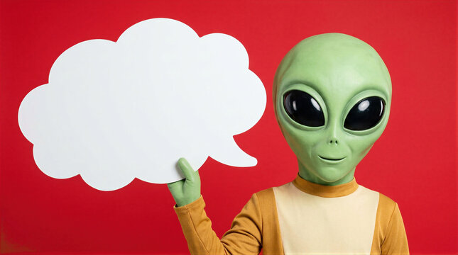 Alien holding a white speech bubble for text against a red background. The extraterrestrial creature wears a yellow costume while presenting a blank sign. Sale concept.