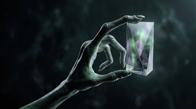Alien hand holding a glowing crystal prism against a dark background. The long fingers examine a geometric glass object with iridescent reflections. Sale event concept.