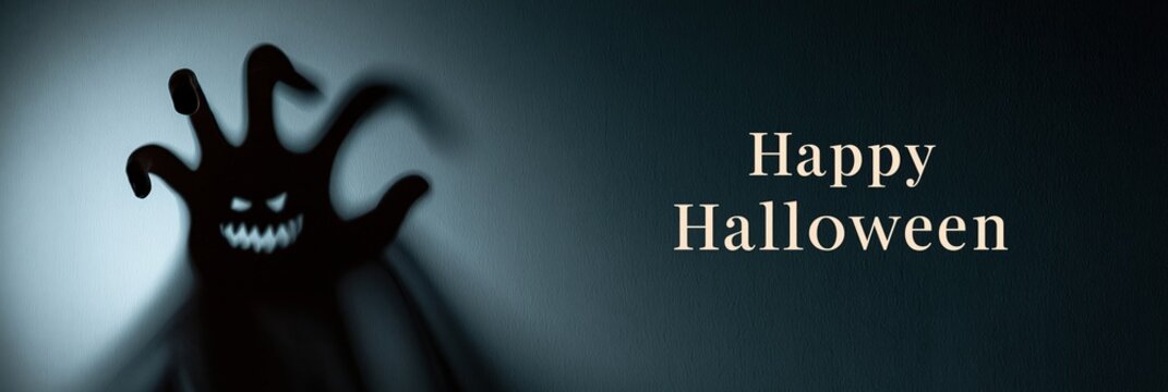Scary monster hand shadow on wall with Happy Halloween text, panoramic holiday banner