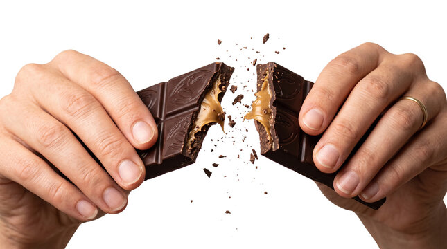 Dark chocolate bar with caramel filling being broken by hands, snapping chocolate candy with gooey center, sweet dessert snack isolated PNG with Transparent Background