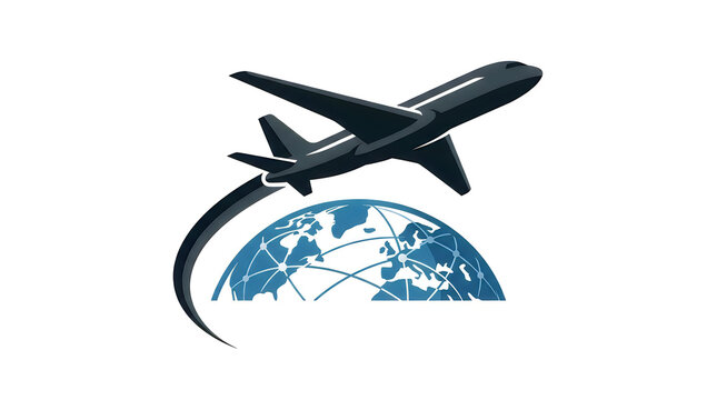 Black airplane flying around the world globe icon illustration