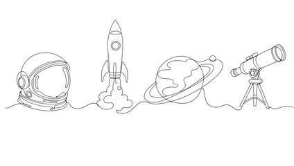 Continuous line drawing of space elements including astronaut helmet, rocket ship, planet with rings and telescope © Essential Design Lab