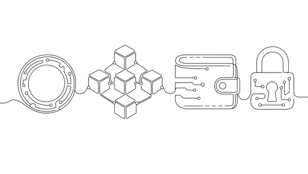 Continuous line drawing of blockchain symbols, including crypto coin, blocks network, digital wallet, and security padlock