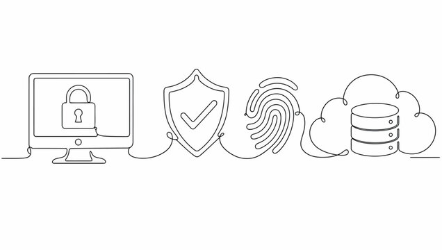 Continuous line art illustration of cybersecurity icons including a computer monitor, shield, fingerprint, and cloud database