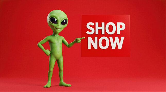 Green alien points his finger toward a white shop now sign. The character stands against a bright red background in a studio setting. It is a creative sale advertisement.