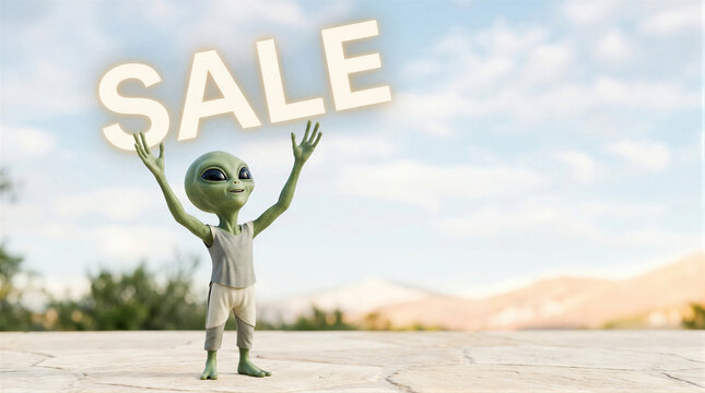 A cute green alien lifts a glowing neon sale sign above its head. The character stands on a stone surface under a bright sky with distant mountains. Shopping concept.