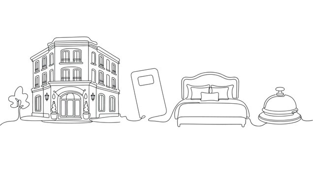 Continuous line drawing of hotel building, key card, comfortable bed, and reception bell, travel and hospitality concept, vector illustration