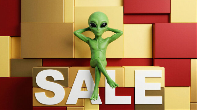 Alien sits on boxes with the word sale displayed in large letters. The background features a geometric wall of red and gold cubes. This promotes shopping events.