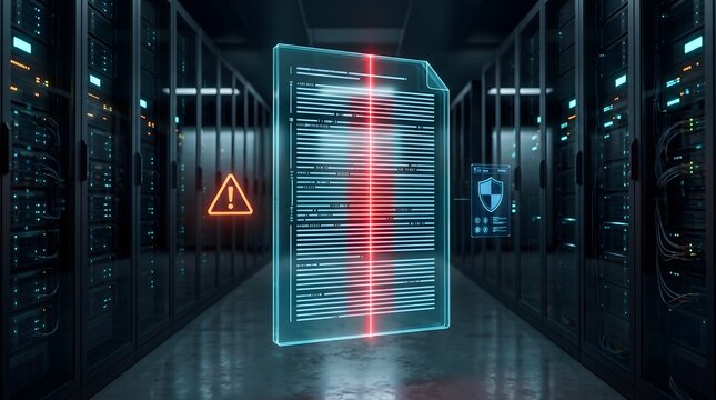 Holographic digital document scanned by red laser with warning triangle and security shield in futuristic server room data center