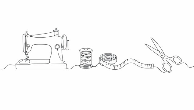 Continuous one line drawing of sewing machine, spool of thread, measuring tape and scissors vector illustration