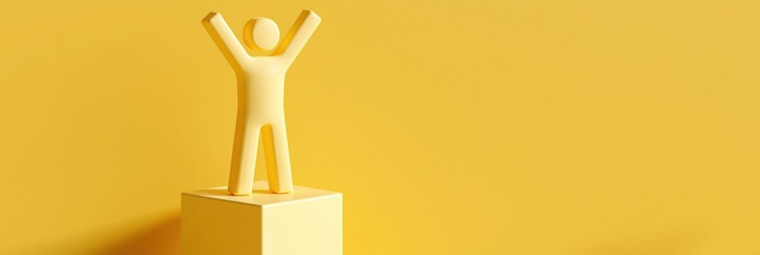 Yellow figurine with arms raised standing on cube, concept of success and achievement
