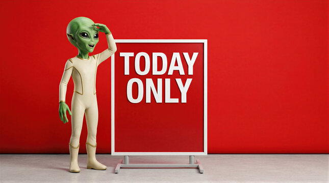 Alien standing next to a promotional sign with today only text on a red background. The extraterrestrial creature looks into the distance while advertising a sale.