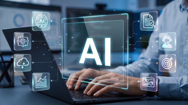 Business professional working on laptop with floating artificial intelligence dashboard showing cloud computing data analysis and smart workflow management tools in office environment