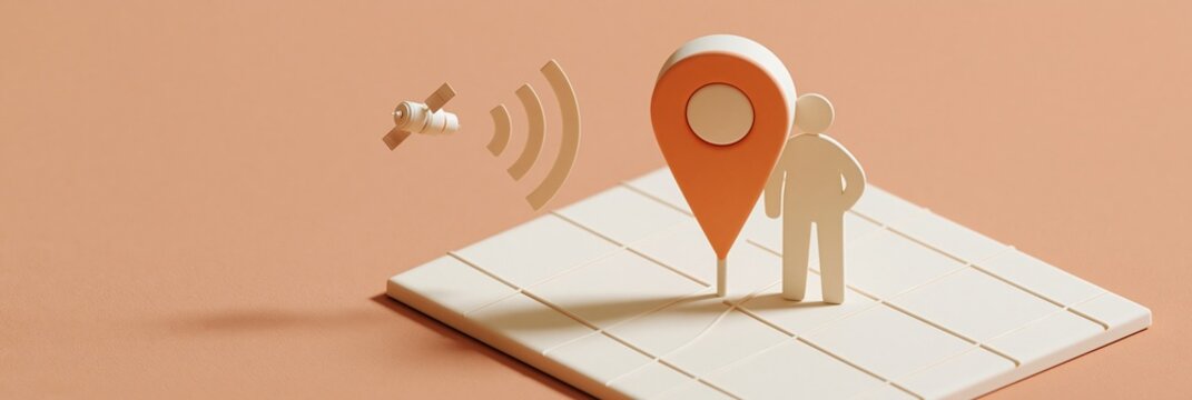 Satellite navigation signal sending data to location marker on map with human figure, concept for tracking and geolocated services