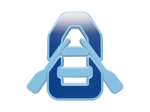 3D rendered icon of a blue inflatable raft with crossed oars for rescue operations and water sports activities isolated on a transparent background