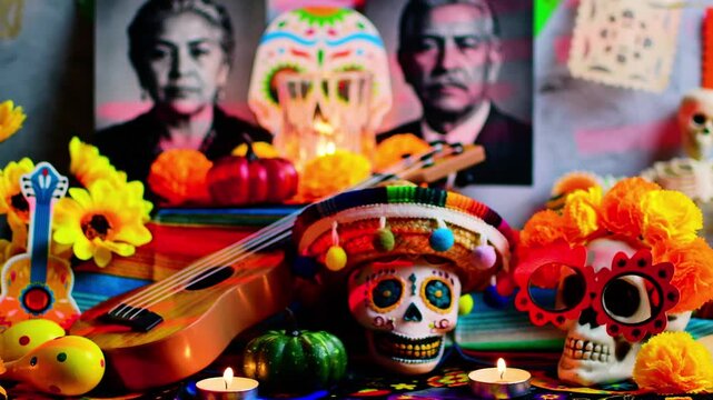 Day of the dead altar with sugar skulls and candles
