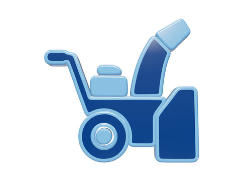 3D rendered icon of a blue snow blower machine for winter maintenance and snow removal tasks, side view symbol isolated on a transparent background