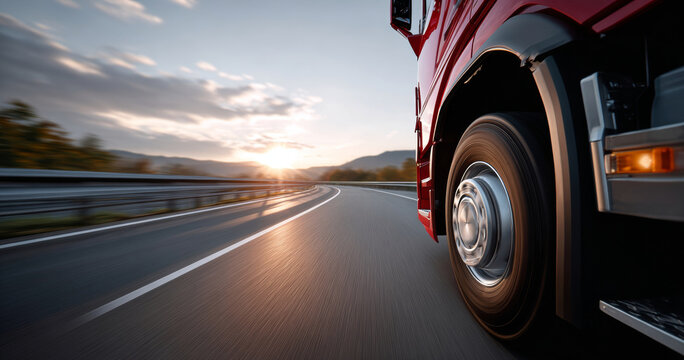 Close-up of a red truck wheel in motion on a curved highway during sunset with blurred background and dynamic perspective