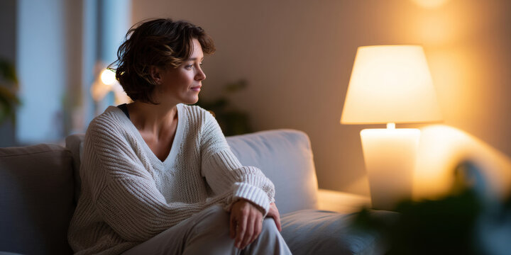 Thoughtful woman sitting on couch in cozy living room illuminated by warm lamp light during evening