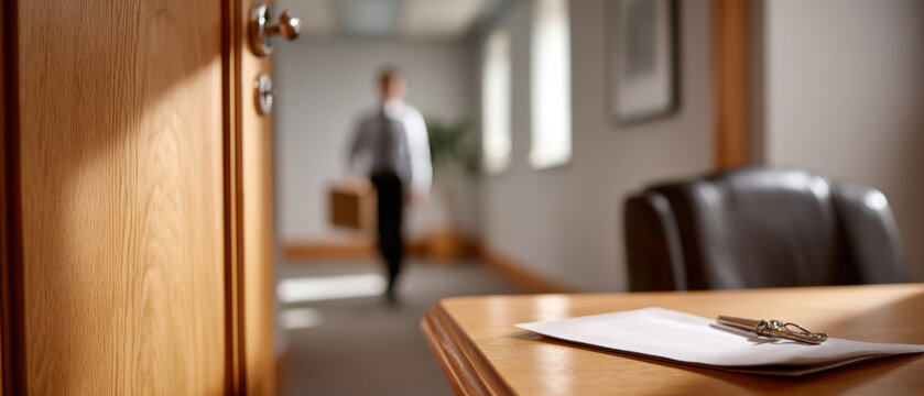 Blurred businessman walking down corridor with briefcase and keys on wooden desk in foreground