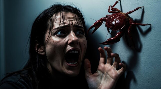 Terrified woman screams in panic at a large crab on the wall. The dark scene highlights intense fear and shock. Phobia concept ideal for horror and thriller projects.