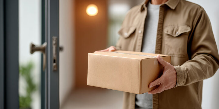Delivery person holding a cardboard package at the entrance of a home during a delivery service interaction