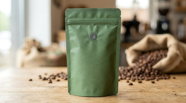Green coffee bean bag mockup on rustic wooden table with loose beans for branding and product display