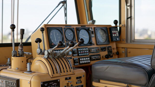 Vintage mobile crane operator cabin with multiple mechanical control levers and analog dashboard panels, photographed in bright neutral daylight, crane cabin, control levers, dashboard,