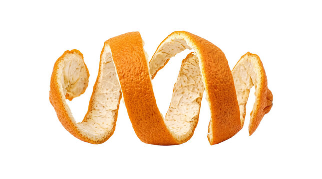 Spiral orange peel with textured skin. Twisted citrus zest for cooking and cocktails. Fresh organic fruit rind garnish. isolated PNG with Transparent Background