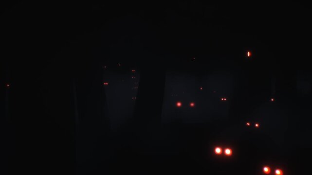 Ominous red glowing creature eyes blink and peer through a pitch black spooky forest fog in a cinematic 3D atmospheric horror background