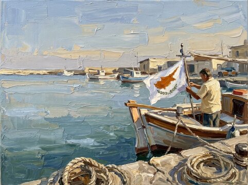 Boat owner securing Cyprus flag in serene harbor setting on calm waters