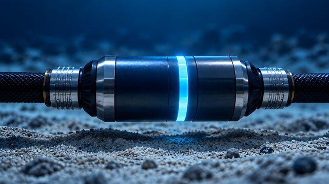 Close Up of Glowing Splicing Joint on Submarine Fiber Optic Data Cable Resting on Sandy Seabed