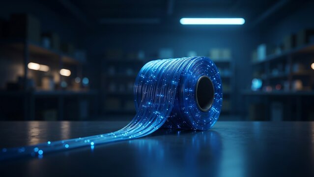 Fiber optic tape roll glows with blue light on a dark workshop table.
