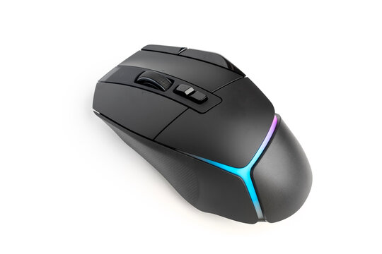 Black Illuminated  in blue gaming computer mouse, isolated on white.