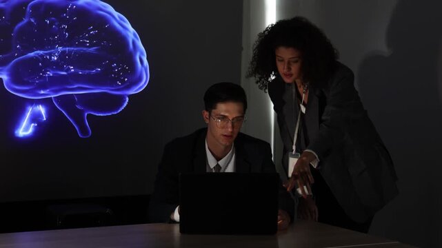 Business team discussing and using technology artificial intelligence with digital Ai assistant. Futuristic innovation AI technology collaboration and ideas for future. Business Tech Startup meeting.
