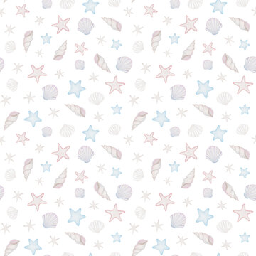 Seamless pattern with blue and pink seaweed and shell. Watercolor illustration.