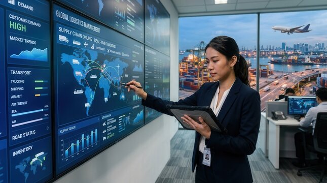 Businesswoman analyzing global logistics and supply chain data on a large digital display in a modern office overlooking a busy port and cityscape