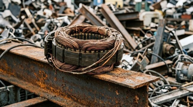 A rusted electric motor stator featuring wound copper wire scrap rests on an old industrial steel beam surrounded by a junkyard pile of discarded scrap metal materials