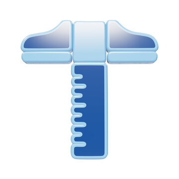 3D t-square drafting tool icon with blue and white glossy plastic finish for engineering and architectural projects isolated on a transparent background