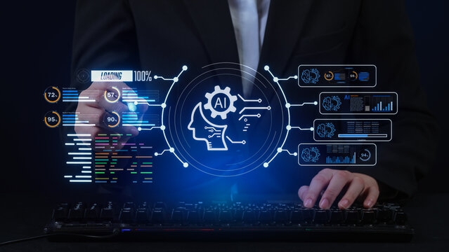 Focused businessman handles modern ai augmented business management systems via high tech virtual interface screen on dark desk